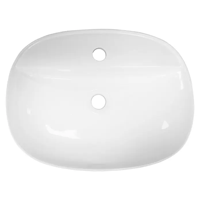 Artysan Lavabo de sobremesa Ovalado - 52,8 x 38,6 cm, Blanco - Primer plano de alta resolución de un moderno lavabo de cerámica blanca con dos orificios perforados sobre un fondo negro.