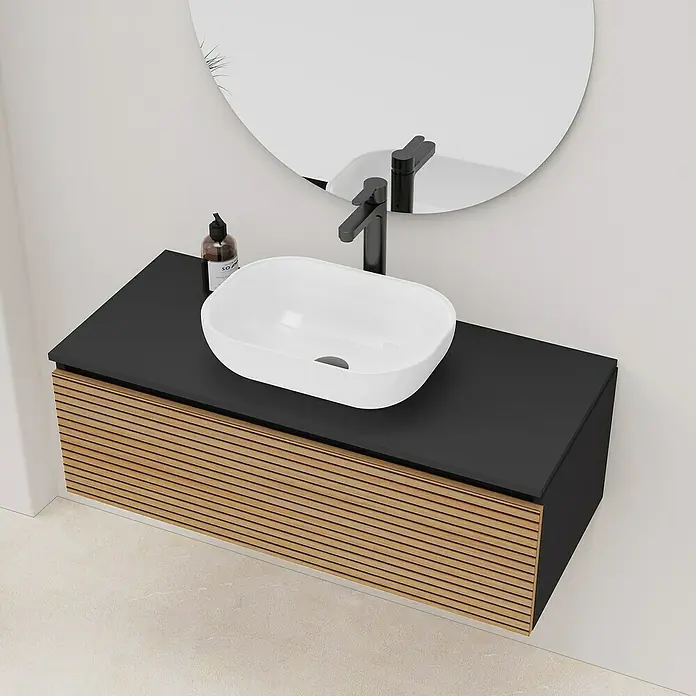 Artysan Conjunto de mueble de baño Osaka Top - Ancho: 100 cm, Negro/Nogal, 3 pzs. - Elegante lavabo de baño con encimera negra y frontal de madera, que combina estilo y funcionalidad para un ambiente moderno.