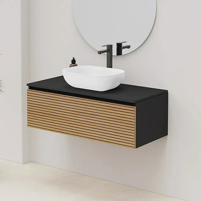 Artysan Conjunto de mueble de baño Osaka Top - Ancho: 100 cm, Negro/Nogal, 3 pzs. - Elegante mueble de baño con armario negro y aspecto de madera, elegante lavabo sobre encimera ovalado y espejo redondo para un ambiente moderno.