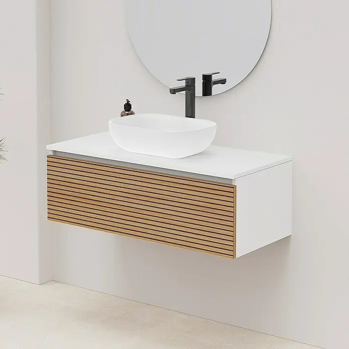 Artysan Conjunto de mueble de baño Osaka Top - Ancho: 100 cm, Blanco/Nogal, 3 pzs. - Mueble de baño con cajón de madera, lavabo y espejo. El moderno conjunto de muebles de baño impresiona por su diseño y funcionalidad.