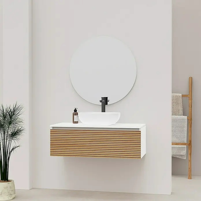 Artysan Conjunto de mueble de baño Osaka Top - Ancho: 100 cm, Blanco/Nogal, 3 pzs. - Elegante mueble de baño con frente de listones de madera y espejo redondo para un toque moderno.