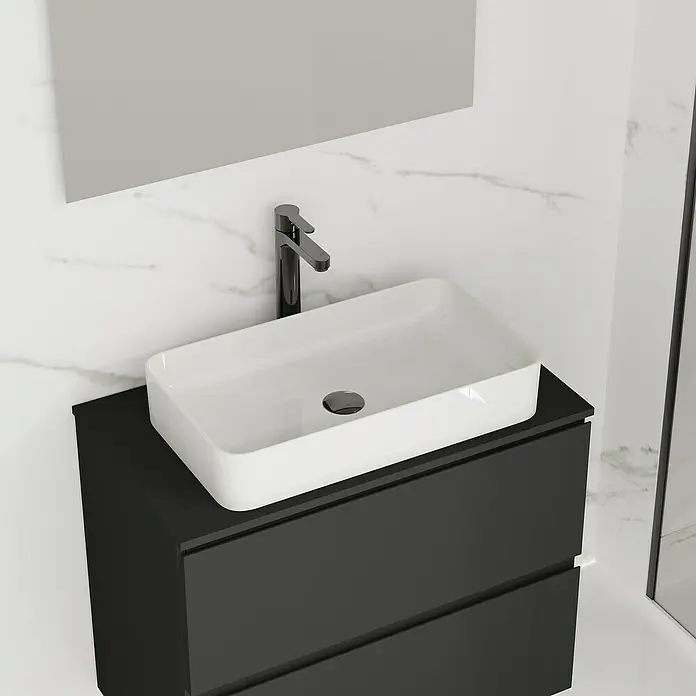 Artysan Lavabo de sobremesa Rectangular - 62,6 x 35,6 cm, Blanco - Tocador de baño moderno con un elegante mueble negro y un lavabo sobre encimera blanco y elegante, creando un espacio contemporáneo y elegante.