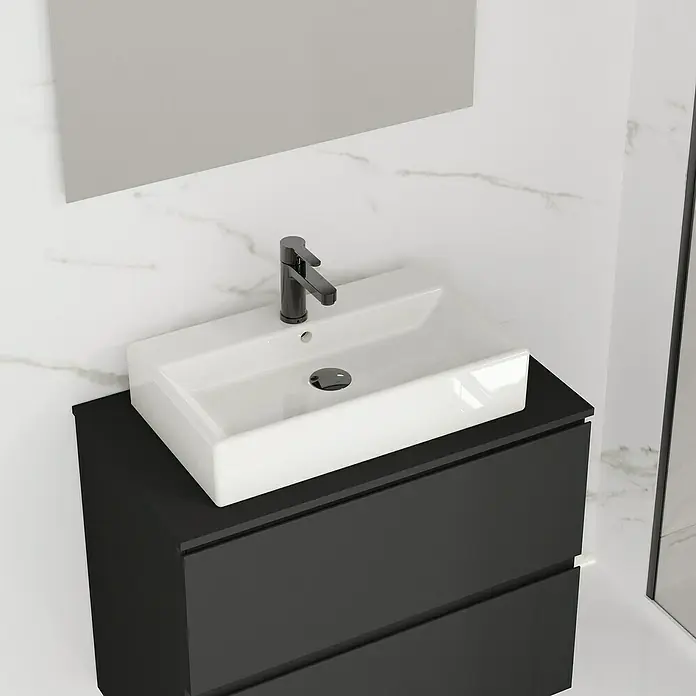 Artysan Lavabo de sobremesa Recto - 60,9 x 36,2 cm, Blanco - Elegante lavabo de baño con mueble negro y grifo moderno, perfecto para un baño elegante.