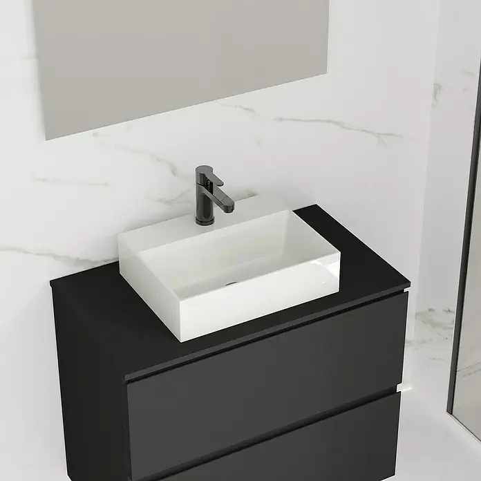 Artysan Lavabo de sobremesa Cuadrado - 46 x 36 cm, Blanco - Mueble de baño negro con lavabo sobre encimera rectangular moderno y grifo elegante, perfecto para añadir un toque de elegancia al baño.