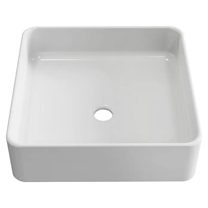 Artysan Lavabo de sobremesa Cuadrado - 36,5 x 36,5 cm, Blanco - Vista superior de un lavabo cuadrado blanco con un orificio de desagüe en el centro.
