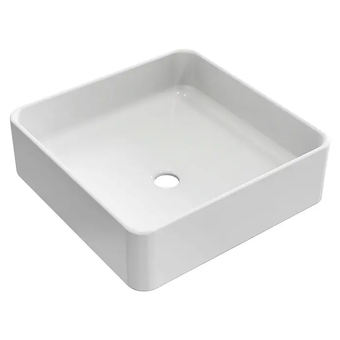 Artysan Lavabo de sobremesa Cuadrado - 36,5 x 36,5 cm, Blanco - Imagen de un lavabo de encimera cuadrado y blanco con un orificio de desagüe redondo en el centro, perfecto para diseños de baño modernos.