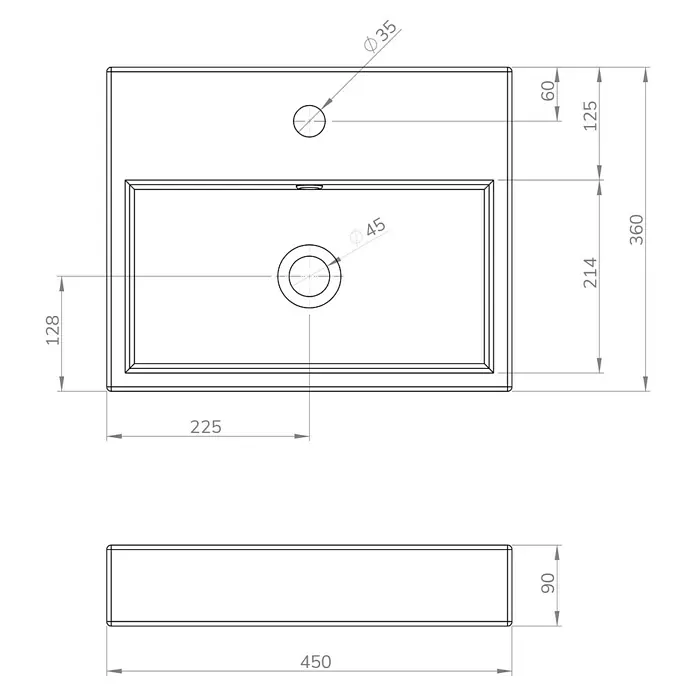 Artysan Lavabo de sobremesa Cuadrado - 45 x 36 cm, Blanco - Dibujo técnico de un lavabo rectangular que muestra las dimensiones para instalación y diseño.