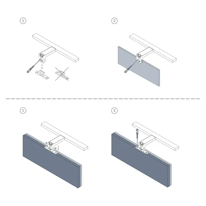 Artysan Aplique LED para espejo - 4,71 W, 11,5 x 30 x 6,7 cm, Cromo - Ilustración de las instrucciones de montaje del producto, que muestra la instalación del producto en dos pasos.