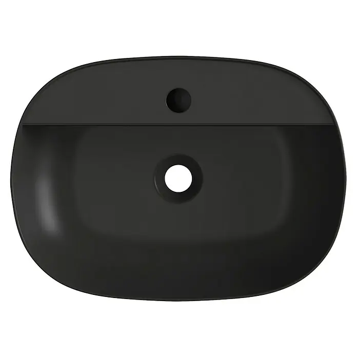 Artysan Lavabo de sobremesa Ovalado - 52,8 x 38,6 cm, Negro - Vista superior de un elegante lavabo negro con dos orificios, que irradia un diseño de baño moderno.