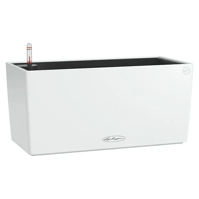 Lechuza Balconera Balkonkasten Color - Max. Außenlänge: 40 cm, Weiß - Bild eines weißen LECHUZA Pflanzgefäßes mit einem Wasserstandsanzeiger, ideal für stilvolle Innenraumbegrünung.