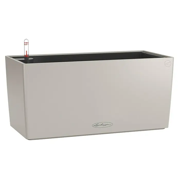 Lechuza Balconera Balkonkasten Color - Max. Außenlänge: 40 cm, Sandbraun - Ein rechteckiger, grauer Lechuza Pflanzkübel mit einem Wasserstandsanzeiger, ideal für den Innen- und Außenbereich.