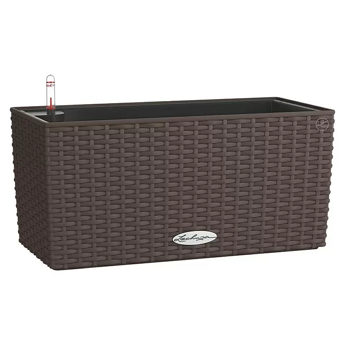 Lechuza Balconera Balkonkasten Cottage - Max. Außenlänge: 40 cm, Mokka - Braunes rechteckiges Pflanzgefäß in Rattan-Optik mit Bewässerungssystem und Wasserstandsanzeiger.