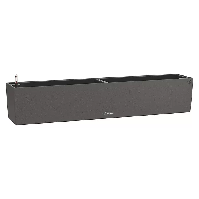 Lechuza Balconera Balkonkasten Stone - Max. Außenlänge: 100 cm, Höhe: 19 cm, Graphitschwarz - Langes, dunkelgraues, rechteckiges Selbstbewässerungs-Pflanzgefäß mit strukturierter Oberfläche und Wasserstandsanzeige.