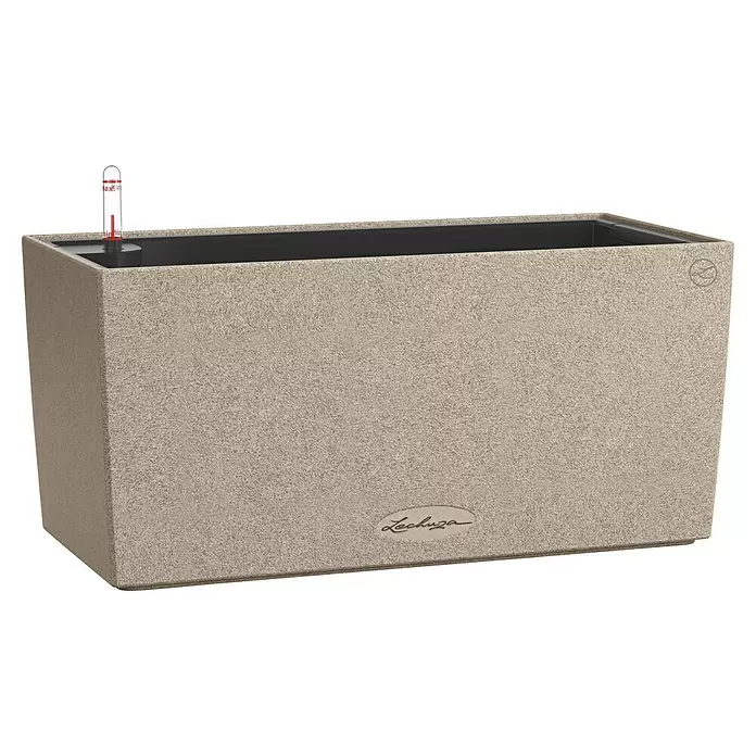 Lechuza Balconera Balkonkasten Stone - Max. Außenlänge: 40 cm, Höhe: 19 cm, Sandbeige - Beiger, strukturierter rechteckiger Pflanzkübel mit integriertem Selbstbewässerungssystem und Wasserstandsanzeige.