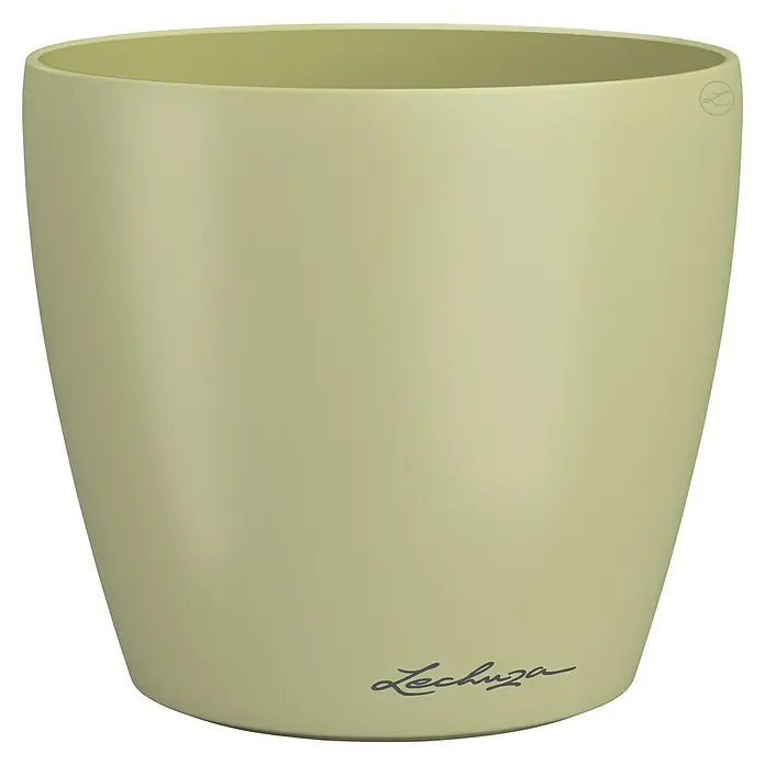 Lechuza Classico Übertopf rund Color SINGLE - Außenmaß (Ø x H): 15 x 14 cm, Kunststoff, Linde - Ein olivgrüner Lechuza Blumentopf mit dem Lechuza-Logo. Er ist leer und bereit für Pflanzen.