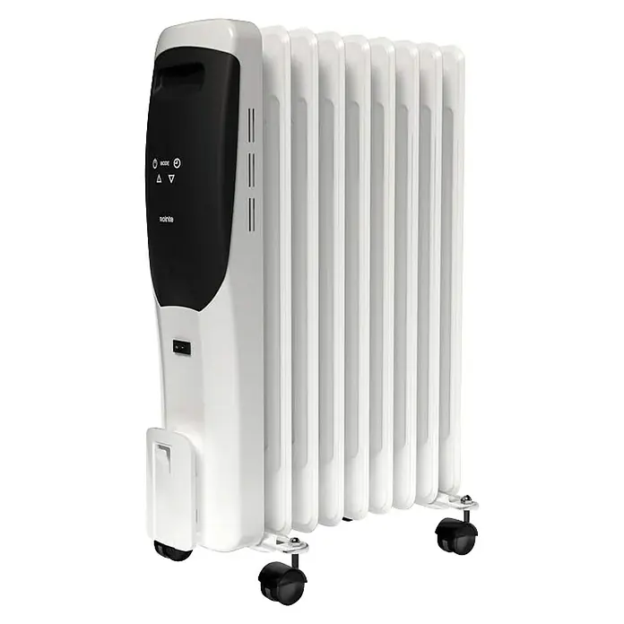 Rointe Radiador de aceite Lorent - 2.000 W, Blanco/Negro, 15 x 41 x 58 cm - Imagen de un radiador portátil blanco con panel de control negro y ruedas para facilitar el movimiento. Ideal para añadir calor extra en cualquier habitación.