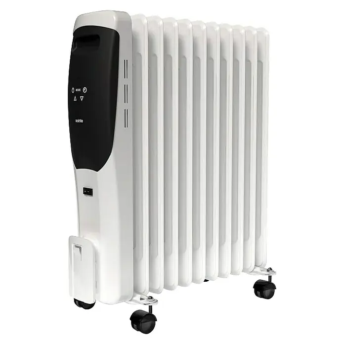 Rointe Radiador de aceite Lorent - 2.500 W, Blanco/Negro, 15 x 50 x 58 cm - Primer plano de un radiador de aceite blanco con controles negros y ruedas para facilitar su movilidad. Ideal para calefacción suplementaria.