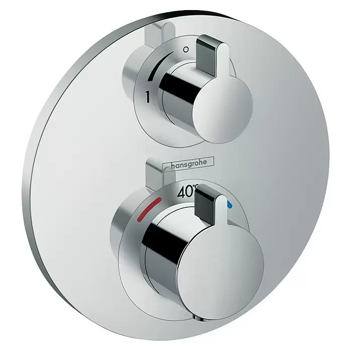 Hansgrohe Ecostat Thermostatarmatur S - Breite: 150 mm, Chrom, Glänzend - Verchromter hansgrohe Duschthermostat mit zwei runden Drehgriffen für Durchfluss und Temperatur (markiert 40°C).