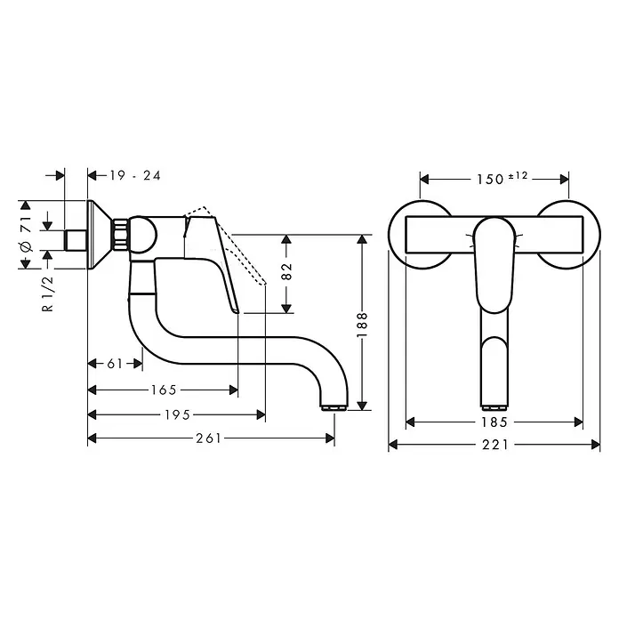 Hansgrohe Focus M41 Spültischarmatur - Höhe: 188 mm, Chrom, Glänzend - Technische Zeichnung einer Wand-Duscharmatur mit Hebel und Auslauf, inklusive aller Abmessungen.