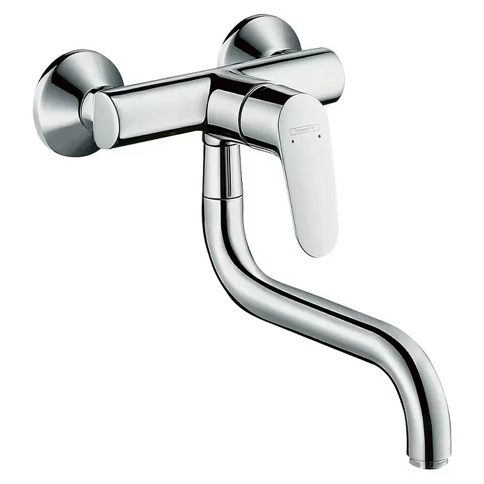 Hansgrohe Focus M41 Spültischarmatur - Höhe: 188 mm, Chrom, Glänzend - Wandmontierte Chromarmatur mit weißem Hebelgriff und gebogenem Auslauf.