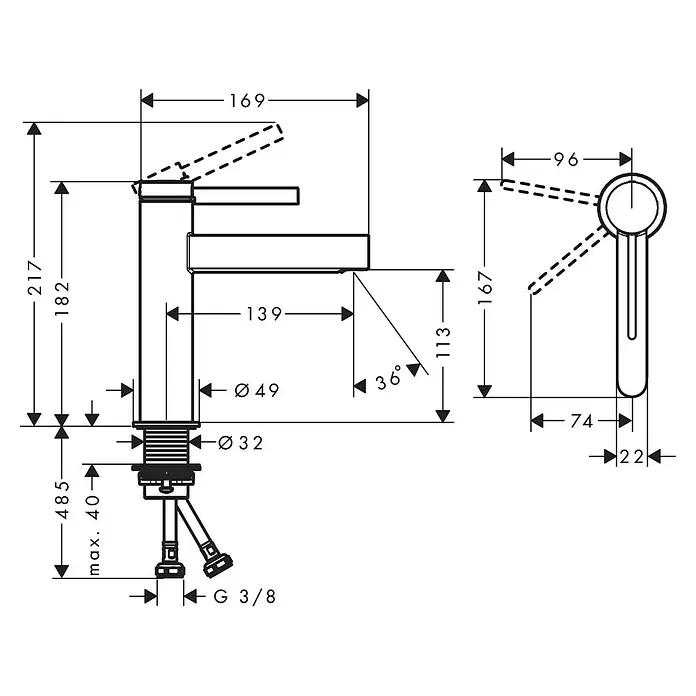 Hansgrohe Finoris Waschtischarmatur 110 CoolStart - Chrom, Höhe: 18,2 cm - Maßzeichnung einer Einhebel-Waschtischarmatur mit allen wichtigen Abmessungen und Anschlussdetails.