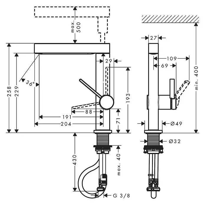 Hansgrohe Finoris Waschtischarmatur 230 - Chrom, Ausziehbar - Technische Zeichnung einer Einhebel-Küchenarmatur mit detaillierten Maßen und Anschlussangaben.