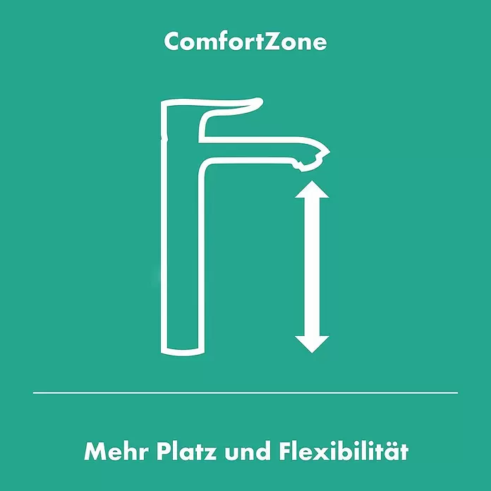 Hansgrohe Vivenis Waschtischarmatur 80 - Schwarz, Höhe: 13,9 cm - Weißes Symbol eines hohen Wasserhahns mit Pfeil zur Höhenverstellung. Text: 'ComfortZone', 'Mehr Platz und Flexibilität'.