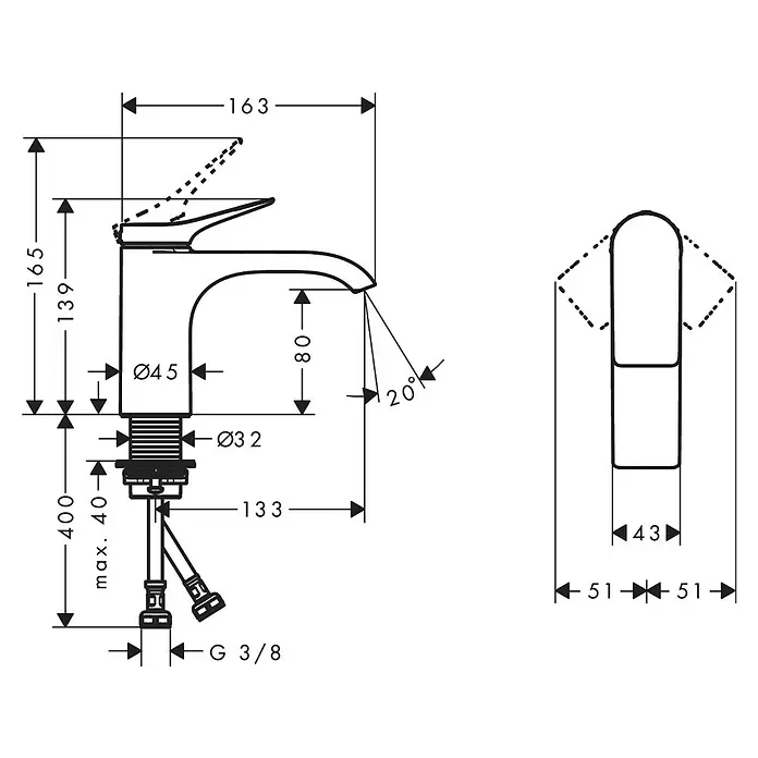 Hansgrohe Vivenis Waschtischarmatur 80 - Schwarz, Höhe: 13,9 cm - Technische Zeichnung eines Einhebel-Waschtischmischers mit allen Maßen zur Installation.