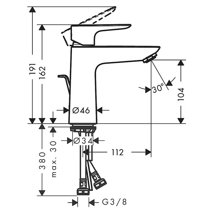 Hansgrohe Talis E Waschtischarmatur 110 LowFlow - Chrom - Maßzeichnung einer Waschtischarmatur mit Höhenangaben und anderen technischen Details, dargestellt in einer schematischen Ansicht.