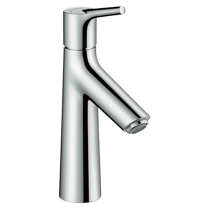 Hansgrohe Talis S Waschtischarmatur 100 - Chrom, Inclusive Ablaufgarnitur - Nahaufnahme eines glänzenden, verchromten Waschtischhahns mit modernem Design und klaren Linien. Der Wasserhahn ist auf einem schwarzen Hintergrund.