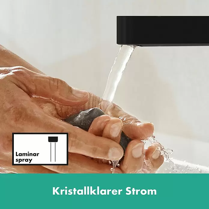 Hansgrohe Finoris Waschtischarmatur 110 - Schwarz, Push-Open-Ablaufgarnitur - Schwarze Armatur mit klarem, laminarem Wasserstrahl zum Händewaschen.