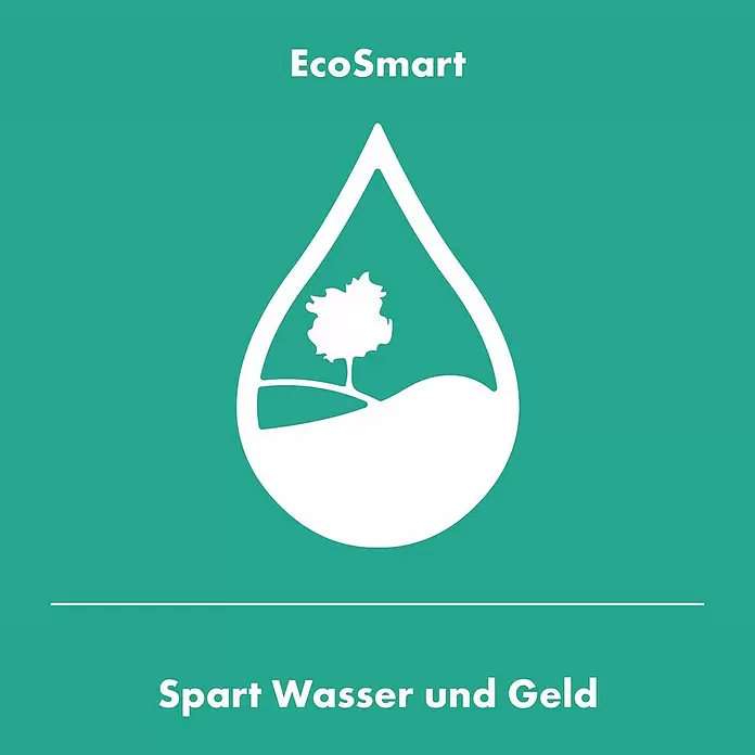 Hansgrohe Finoris Waschtischarmatur 230 - Chrom, Ausziehbar - EcoSmart Logo: weißes Wassertropfen-Symbol mit Baum und Hügel, dazu Text 'EcoSmart' und 'Spart Wasser und Geld'.