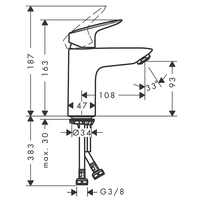 Hansgrohe Logis Waschtischarmatur 100 - Chrom, Ausladung Armatur: 143 mm - Technische Zeichnung eines Einhebel-Waschtischmischers mit detaillierten Maßen für die Installation.
