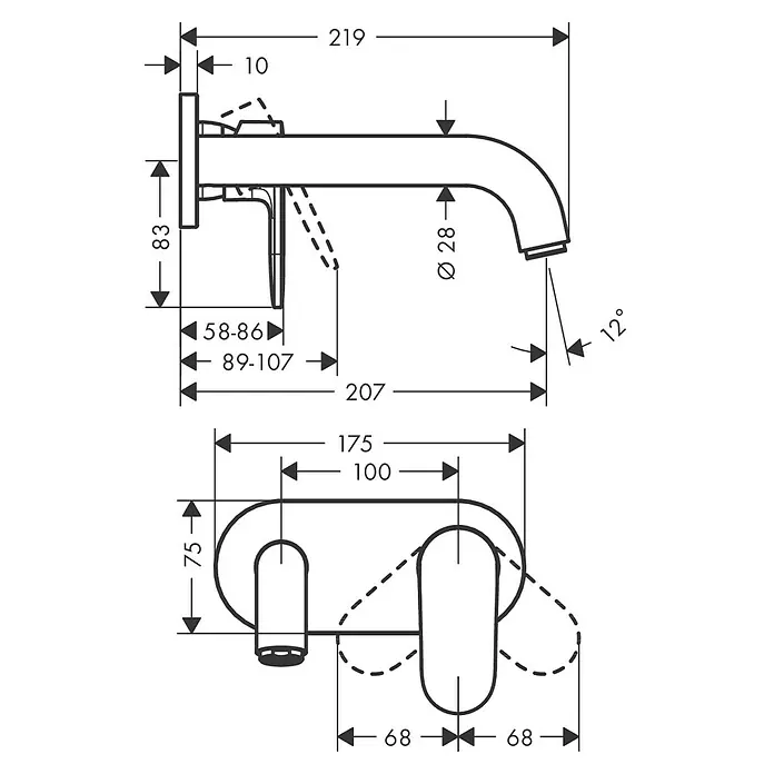 Hansgrohe Vernis Blend Wand-Waschtischarmatur - Chrom, Glänzend, Ausladung Armatur: 21,9 cm - Produktabbildung mit detaillierten Maßangaben. Ideal für Planung und Installation.