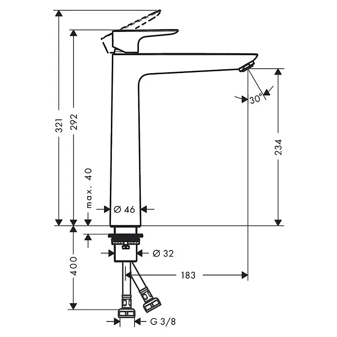 Hansgrohe Talis E Waschtischarmatur 240 - Schwarz, Höhe: 29,2 cm - Technische Zeichnung einer Waschtischarmatur mit Maßen für Installation und Design, inklusive Höhe, Durchmesser und Winkel.