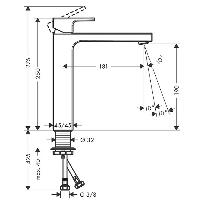 Hansgrohe Vernis Shape Waschtischarmatur 190 - Schwarz, Höhe: 28,7 cm - Technische Zeichnung einer modernen Armatur mit Maßen. Ideal für Bad und Küche.