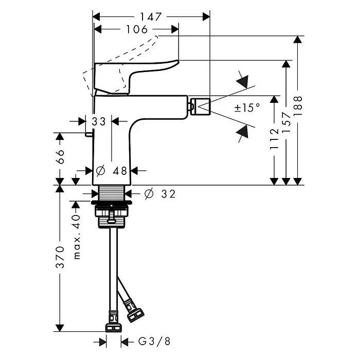 Hansgrohe Metris Bidetarmatur - Chrom, Glänzend - Technische Zeichnung eines Einhebel-Waschtischmischers mit Maßen und Installationsdetails.