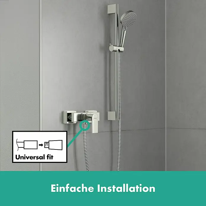 Hansgrohe Vernis Shape Brausearmatur - Chrom, Glänzend - Brausearmatur und Duschkopf-Set mit einfacher Installation, modernes Design für Badezimmer mit grauen Fliesen.