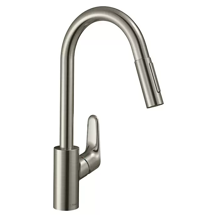 Hansgrohe Focus M41 Spültischarmatur - Höhe: 406 mm, Edelstahl Finish, Matt - Küchenarmatur aus gebürstetem Nickel mit hohem Auslauf und ausziehbarer Brause, Einhebelmischer.
