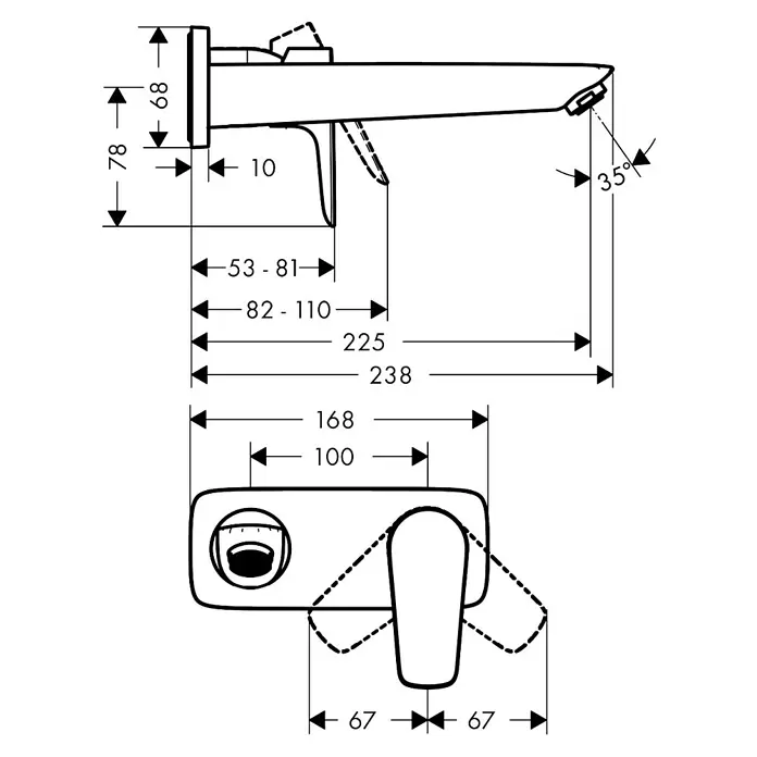 Hansgrohe Talis E Waschtischarmatur - Chrom, Glänzend - Technische Zeichnung einer modernen Einhebel-Armatur, die ihr Design und ihre Maße zeigt.