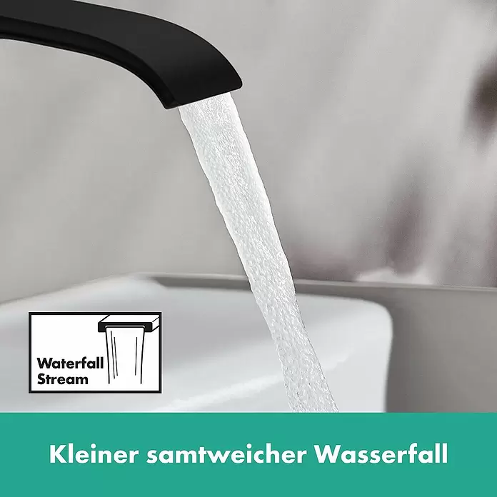 Hansgrohe Vivenis Waschtischarmatur 80 - Schwarz, Höhe: 13,9 cm - Schwarzer Wasserhahn mit weichem Wasserfallstrahl in ein Waschbecken.