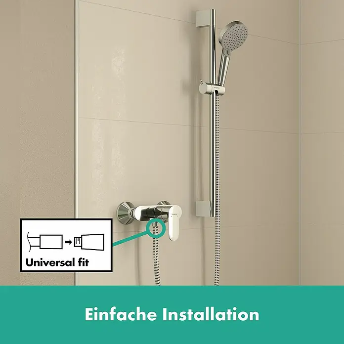 Hansgrohe Vernis Blend Brausearmatur - Chrom, Glänzend - Duschset mit Duschstange und Armatur. Einfache Installation und universelle Passform für ein problemloses Badezimmer-Upgrade.