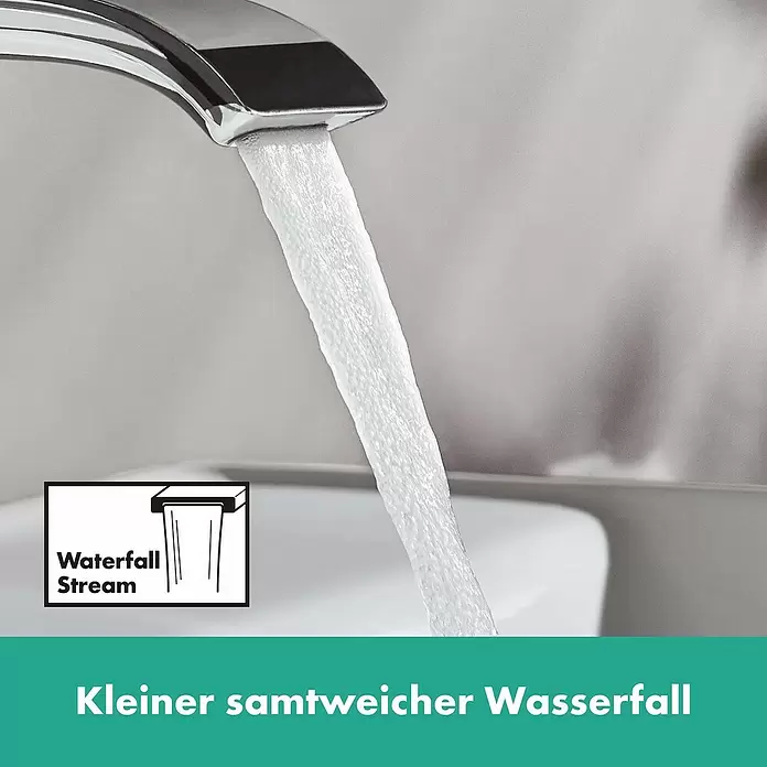 Hansgrohe Vivenis Waschtischarmatur 110 - Chrom, Höhe: 16,8 cm - Verchromter Wasserhahn mit breitem, sanftem Wasserfallstrahl ins weiße Waschbecken.