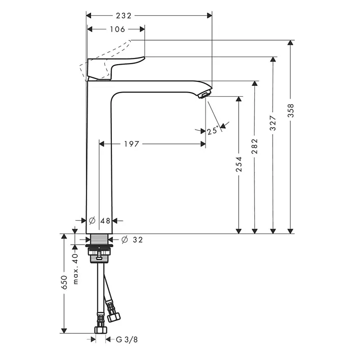 Hansgrohe Metris Waschtischarmatur Highriser 260 - Chrom - Maßzeichnung einer Armatur mit allen relevanten Maßen wie Höhe, Ausladung und Durchmesser für die Installation im Badezimmer.
