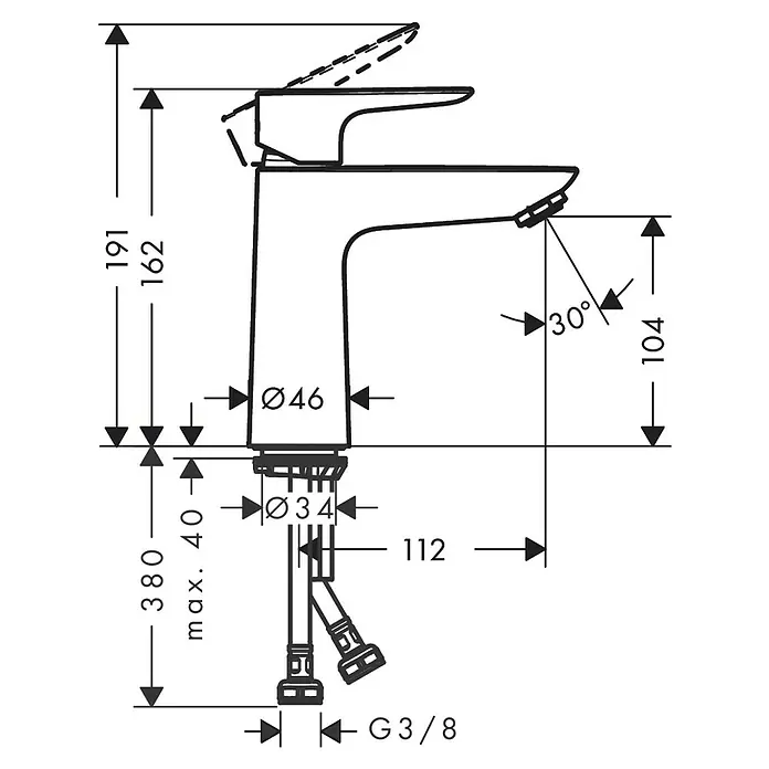 Hansgrohe Talis E Waschtischarmatur 110 CoolStart - Schwarz, Höhe: 16,2 cm - Technische Zeichnung einer modernen Armatur mit Maßangaben. Ideal für Badplanung und Installation.