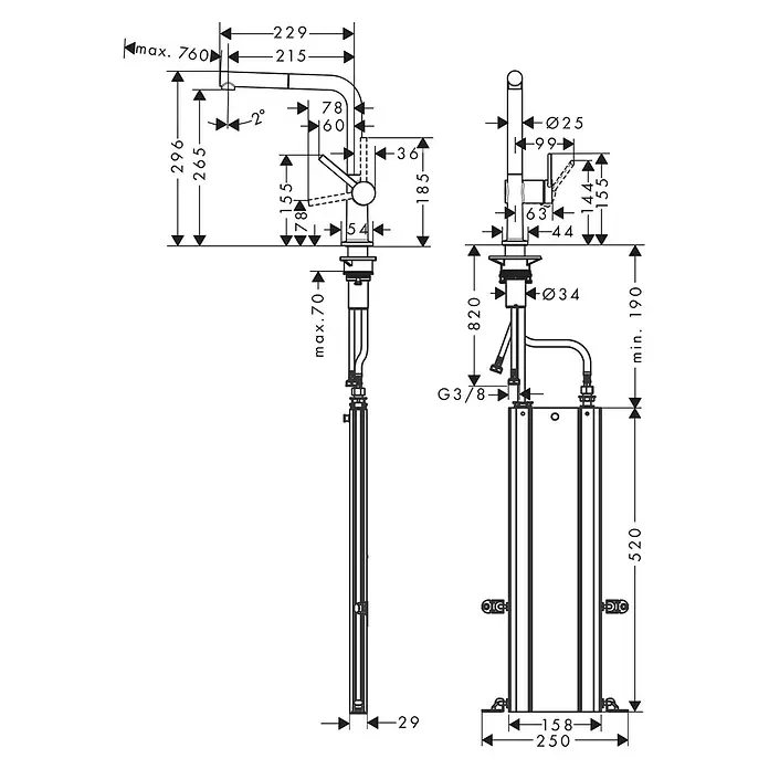 Hansgrohe Talis Spültischarmatur M54 - Höhe: 296 mm, Mattschwarz, Mit sBox - Technische Zeichnung einer modernen Küchenarmatur mit Ausziehbrause, detaillierte Maße und Unterbaueinheit.