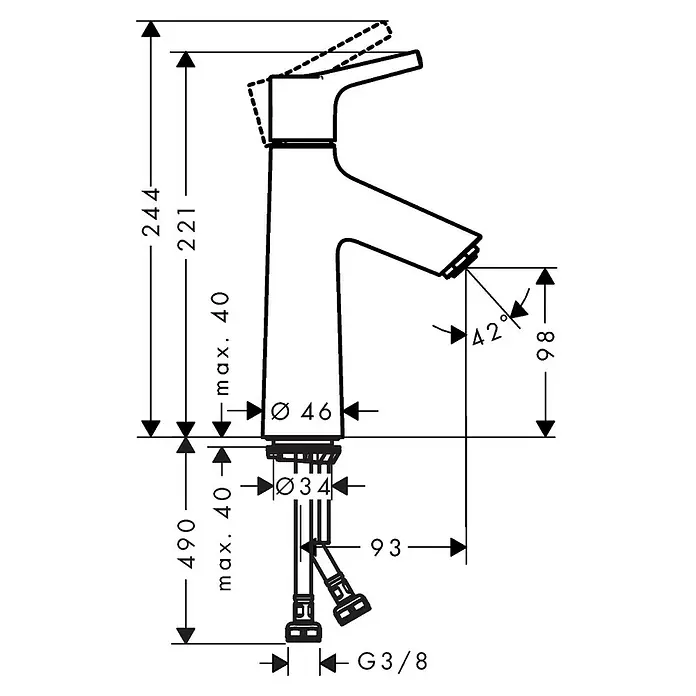 Hansgrohe Talis S Waschtischarmatur 100 - Chrom, Ohne Ablaufgarnitur - Produktbild einer Armatur mit Maßangaben, das die Abmessungen und Details des Wasserhahns zeigt.