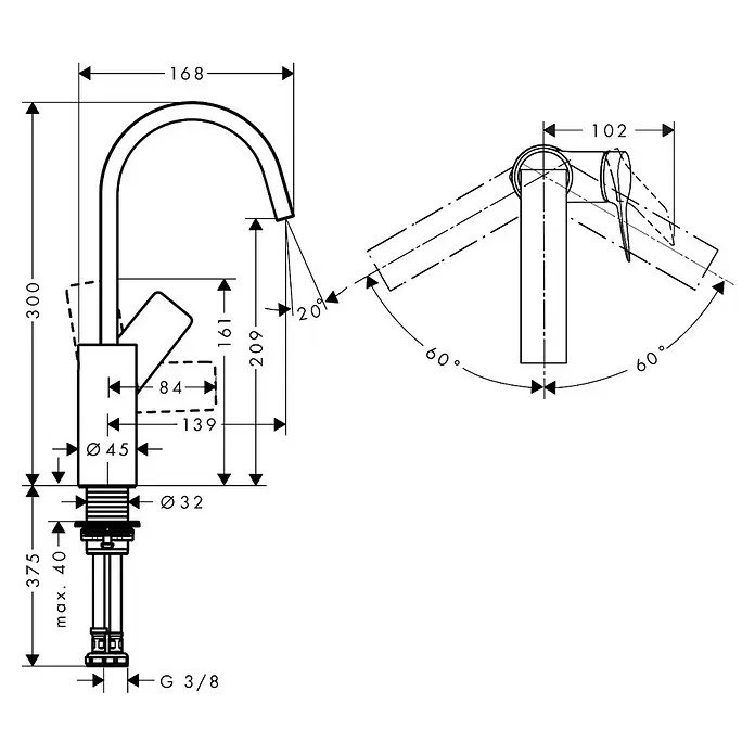 Hansgrohe Vivenis Waschtischarmatur 210 - Chrom, Höhe: 30 cm - Technische Zeichnung einer Küchenarmatur mit Maßen, Ausladung, Höhe und Griffdrehwinkeln.