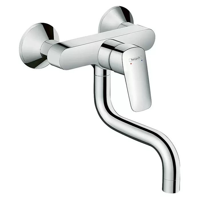 Hansgrohe Logis Spültischarmatur M31 - Höhe: 177 mm, Chrom, Glänzend - Glänzende Chrom-Wandarmatur mit Einhebelmischer, geschwungenem Auslauf und Hansgrohe-Logo.