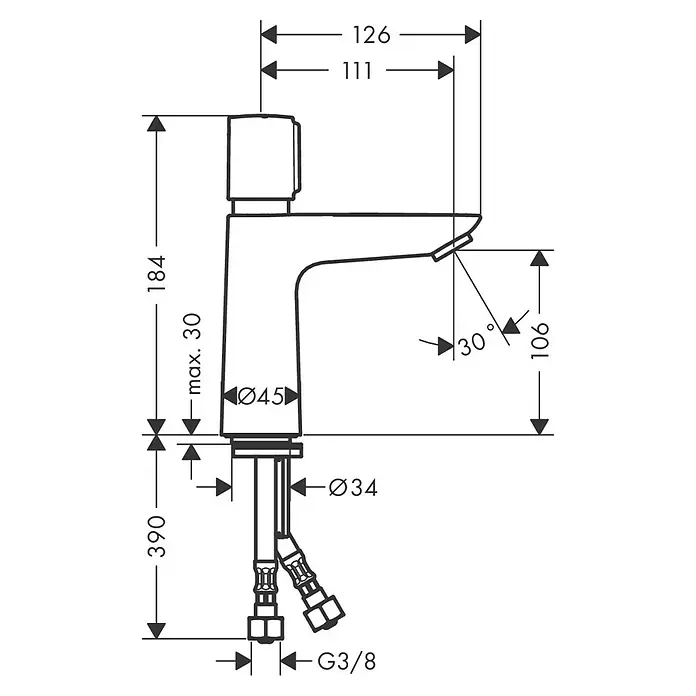 Hansgrohe Talis E Waschtischarmatur - Chrom, Funkelnd - Technische Zeichnung einer Einhebel-Waschtischarmatur mit Maßen, flexiblen Schläuchen und G3/8-Anschlüssen.